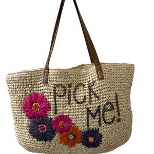 Nordstrom Soft Straw Tote Pick Me Flowers Whimsical 20 X 14 inches Beach Casual